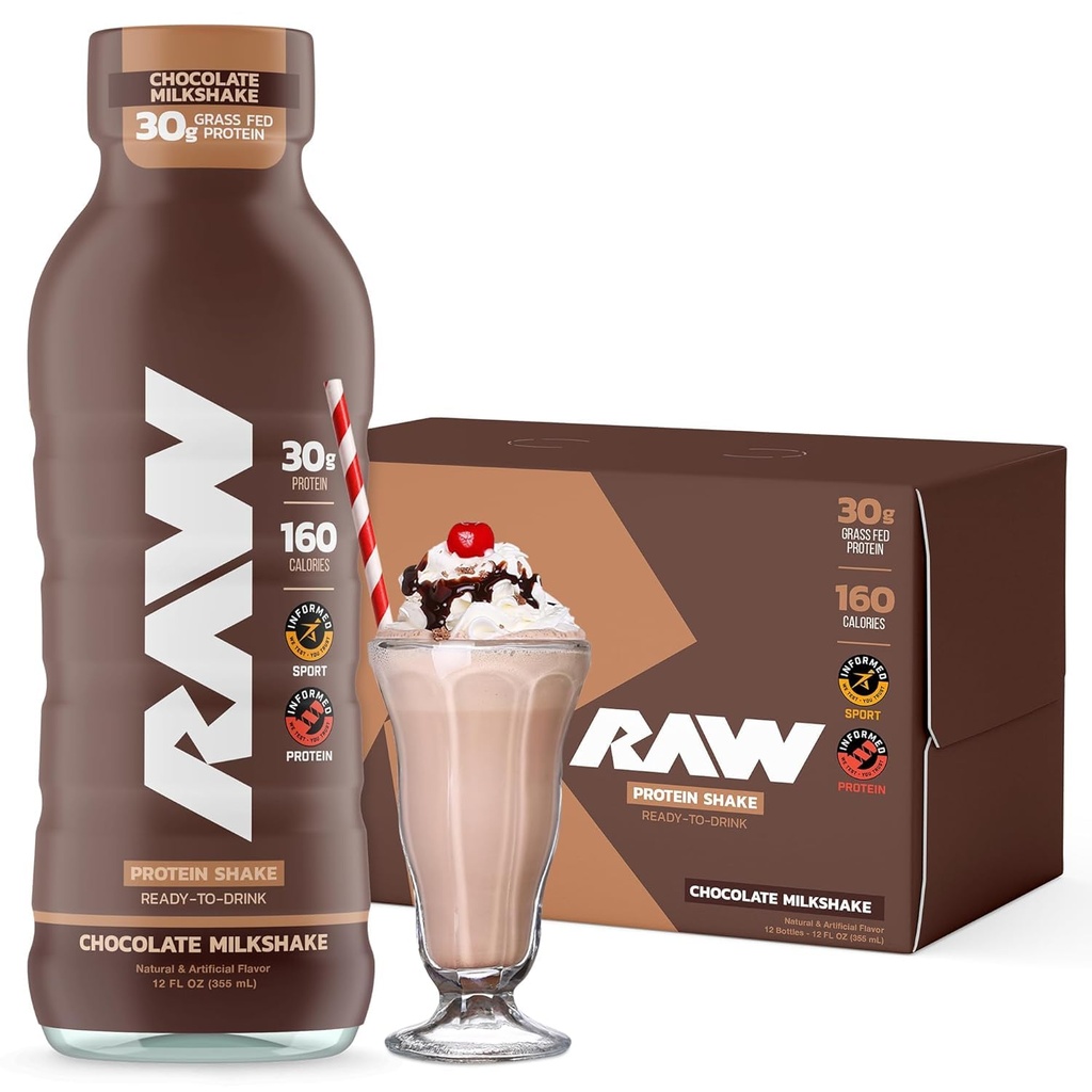 RAW Ready- to- Drink Protein Shake, Chocolate - RTD protein Nápoje s travnatým syrovátkovým proteinem Izolát pro post- workout - Zero- Cukr & gluten- Free Meal Substitution Drink & Breakfast Shake, 12 Fl Oz