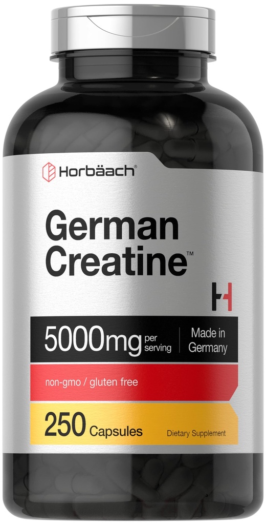 Horbaach German Creatin Monohydrát 124; 5000mg PHARMAD 124; 250 Práškové kapsle 124; Non- GMO & gluten zdarma dodatek