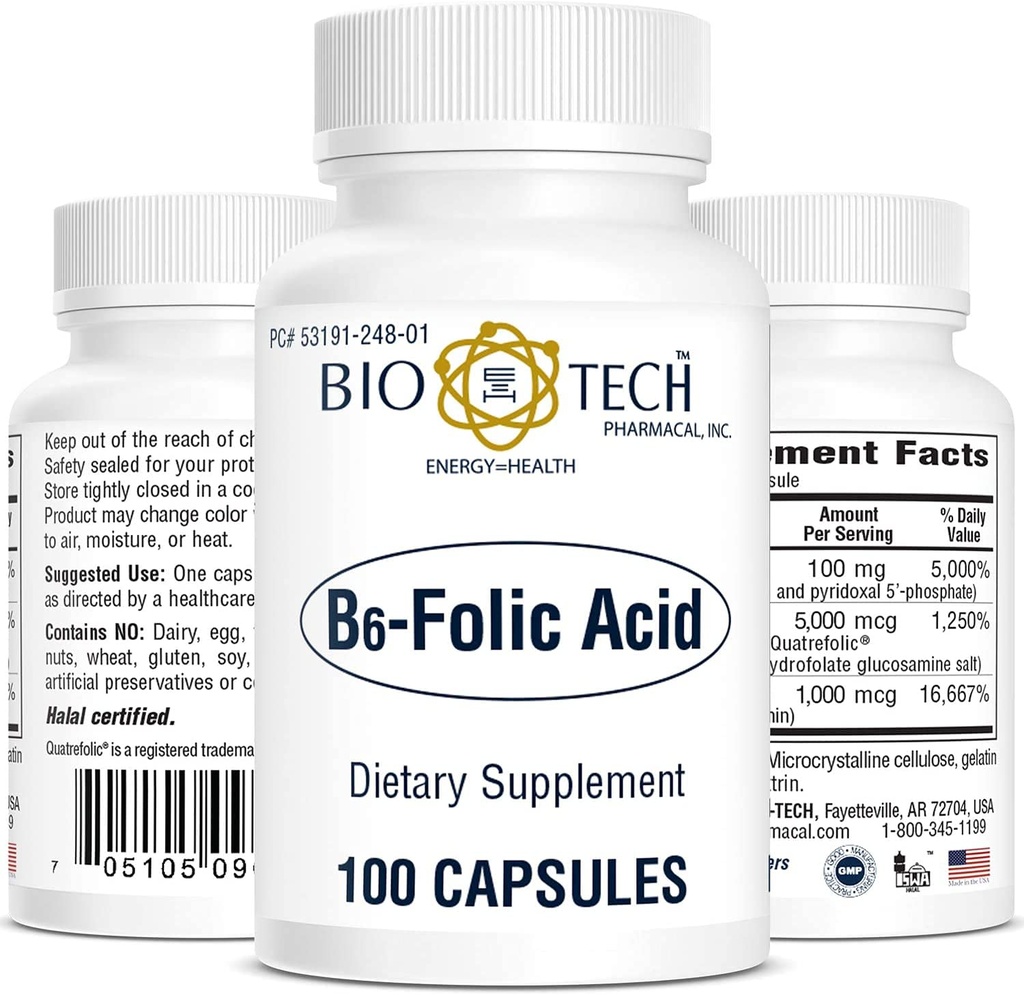 Bio-Tech Farmaceutické B6-kyselina listová, 100 Kapsle - All- přírodní doplněk - Podporuje kardiovaskulární, kostní, & nervový systém zdraví - No Dairy, Fish, Gluten, Peanut, Shellfish, Halal, & Soy - Ne