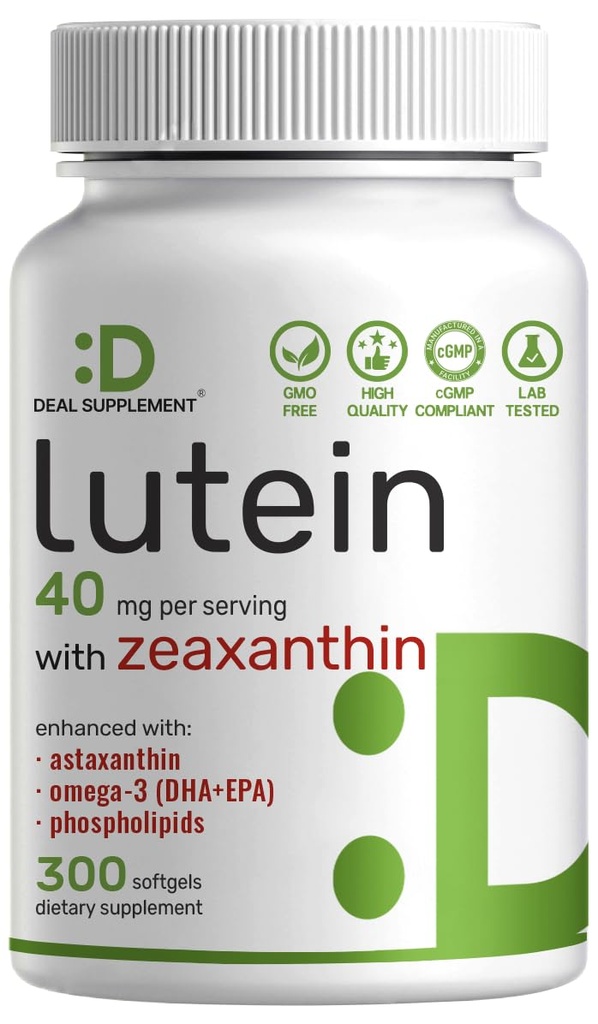 Lutein a Zeaxanthin Doplňky, 40 mg per Serving, 300 Softgels - Plus Astaxanthin, Omega-3s, & Fosfolipidy - Non- GMO
