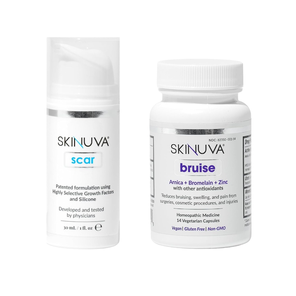Skinuva ® Scar (1 oz) & Bruise (14 tobolek) - Pokročilý silikonový krém s růstovými faktory & Homeopatické Bruise Remedy s Arnica, Bromelain & Zinek