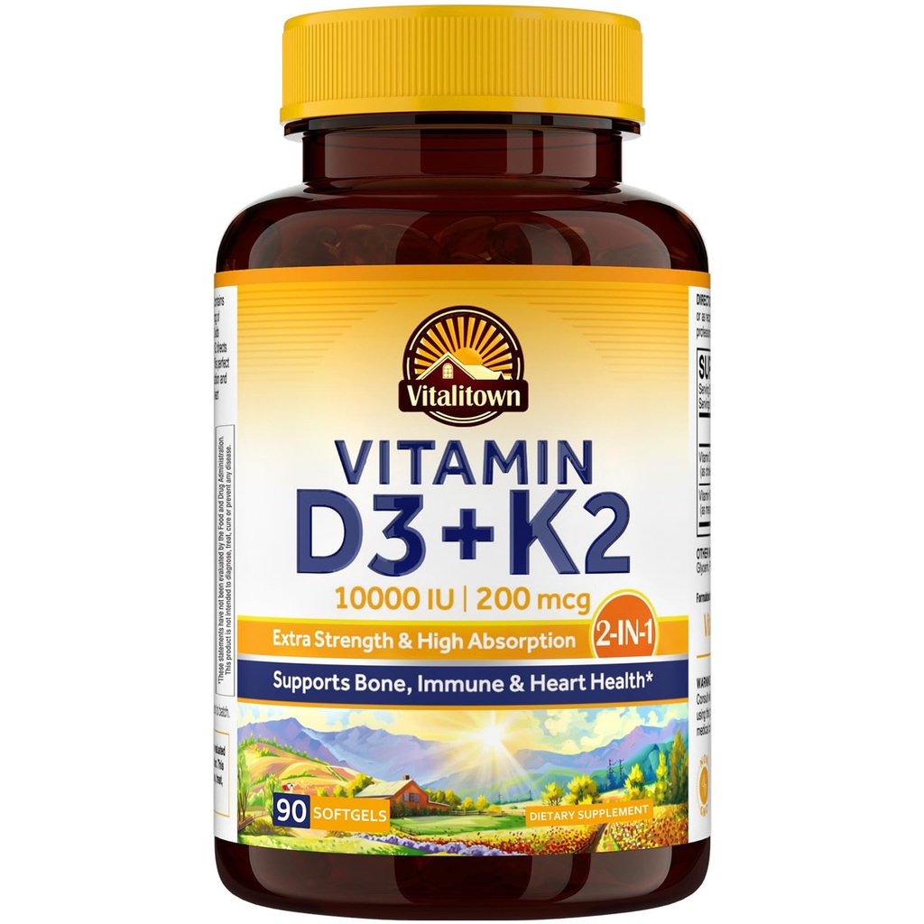 Vitalitown Vitamin D3 K2 dodatek, Vitamin D3 10000 IU Vitamin K2 (MK7) 200 mcg, 90 Softgels, Non- GMO, No Gluten & Soy, pro kosti, zuby, imunitní a srdeční zdraví