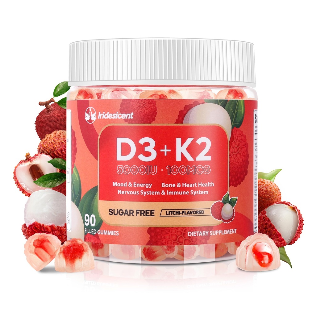 Vitamin D3 K2 Gummie w / hořčík Sugar Free - 90 Počet 124; D3 Vitamin 5000 IU + K2 (MK-7) 100 mcg - Vegan K2 D3 Vitamin Supplement, Vysoce Absorbent Supports Bone, Muscle, Mood & Imunitation (Lychee Flavor)