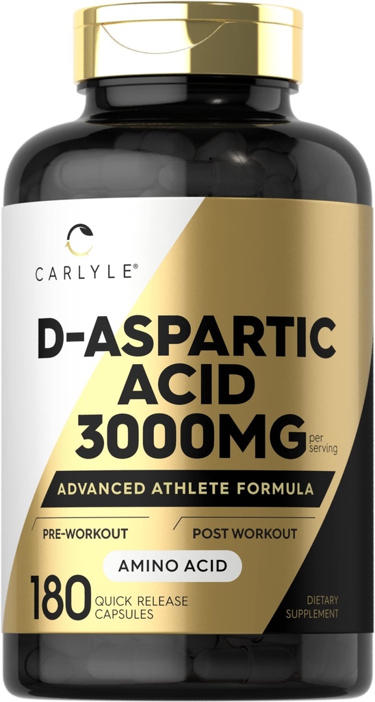 Carlyle D Aspartic Acid Kapsle 3000mg CLAS124; 180 Count CLAS124; DAA dodatek pro muže a ženy CLAS124; Advanced Athlet Formule CLAS124; Non- GMO & Gluten zdarma