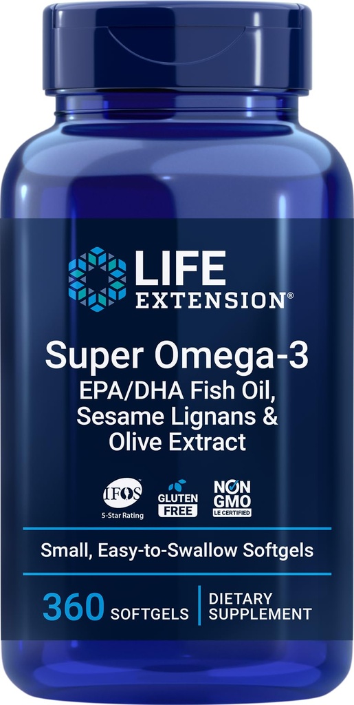 Life Extension Super Omega-3 360 Softgels, EPA / DHA Omega3 Fish Oil, Sezame Lignans & Olive Extract