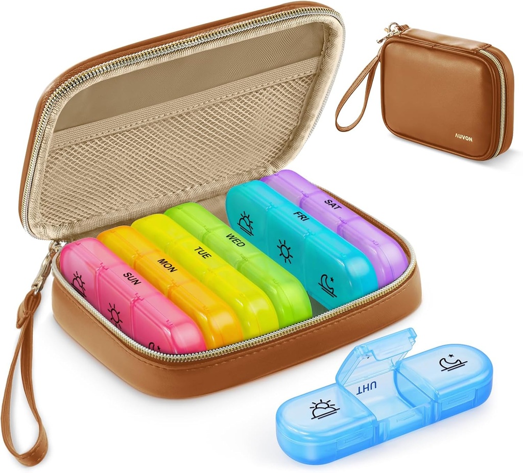 AUVON Weekly Pill Organizátor 3 krát denně, Velká Pill Box 7 Day s PU kožený pytel, Protabel Travel Pill poukaz na léky, Denní Pill Box 3 krát denně pro vitamíny, rybí oleje, doplňky
