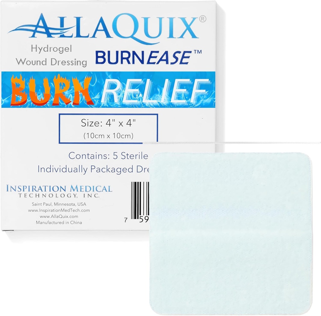 BurnEase ™ Hydrogel Burn Dressing Pads by AllaQuix - XL 4 "Sterilní Pads (Box of 5) CLAN124; Instant Cooling Relief for Burns, Skalds, Sunburn CLAN124; Moist Wound Healing Gel for First Aid & Emergency Burn Care