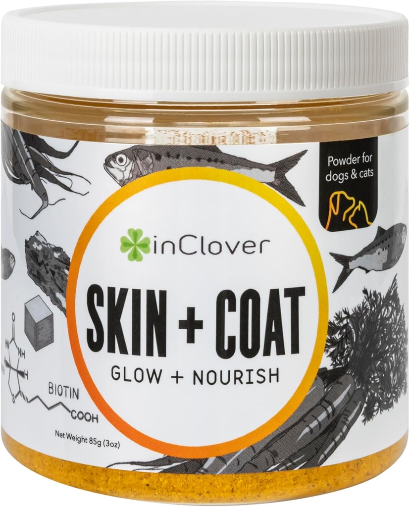 V Clover Dog kůže a coat dodatek, Biologický přírodní doplněk pro psy, Zdravá pleť a coat, Rybí olej Alternative používá mrkev, kokos, Omega 3 je, Biotin a zink Soothe kůže