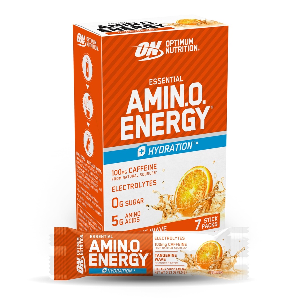 Optimum Nutrition Essential Amino Energy Plus Electrolytes Stick Packs, Energy Powder, Tangerine Wave, 7 Počet