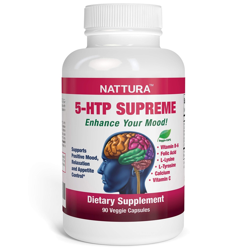 Nattura 5-HTP Supreme - pro pozitivní náladu, relaxaci a kontrolu appetit - s 5-HTP, L-Tyrosin, L-lysin, vitamin B6, folát (kyselina listová), vitamín C (kyselina askorbová), vápník - 90 Kapsle