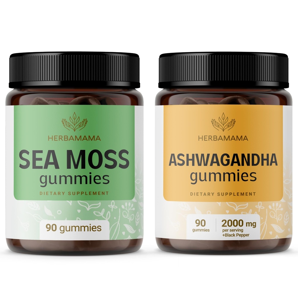 HERBAMAMA Sea Moss and Ashwagandha Kit - Bundle of 1600 mg Sea Moss with Bladderwrack & Ashwagandha Root Gummies - Vegan, Non- GMO, Gelatin- Free - 2 Pack