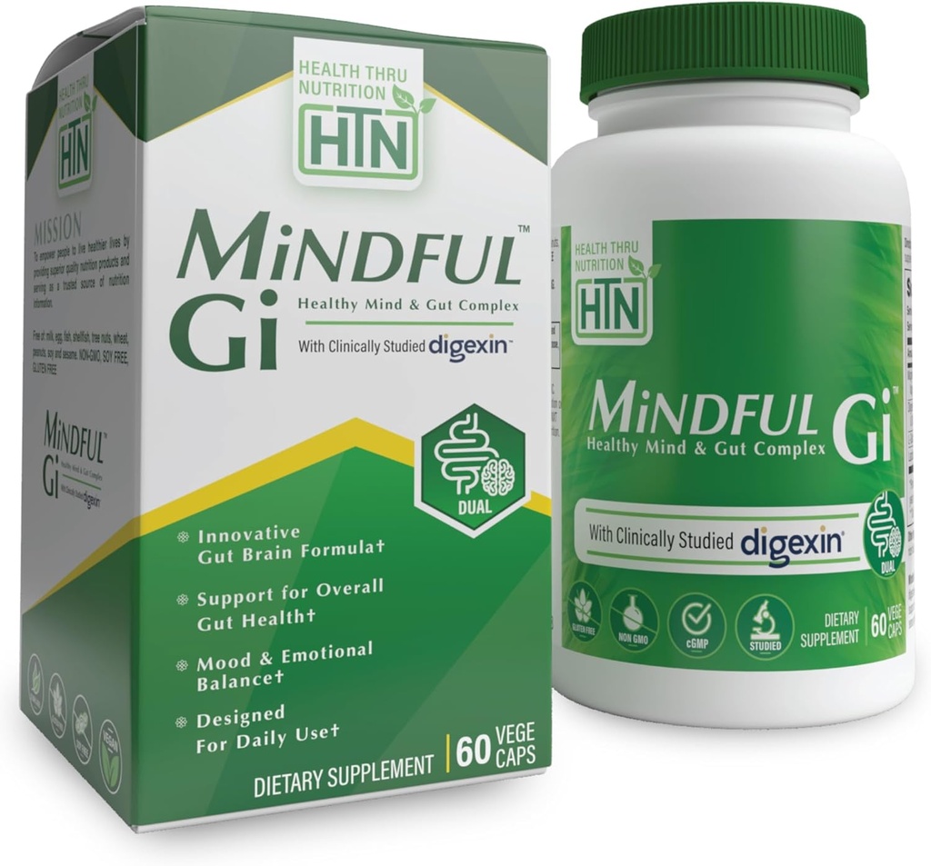 Zdraví Thru Nutrition Mindful GI - Zdravá mysl & Gut komplex 124; s Digexinem, hořčík, L-glutamin, a Probiotic pro Gut- Brain Axis Podpora 124; Regularita, Bloating, Calmness dodatek