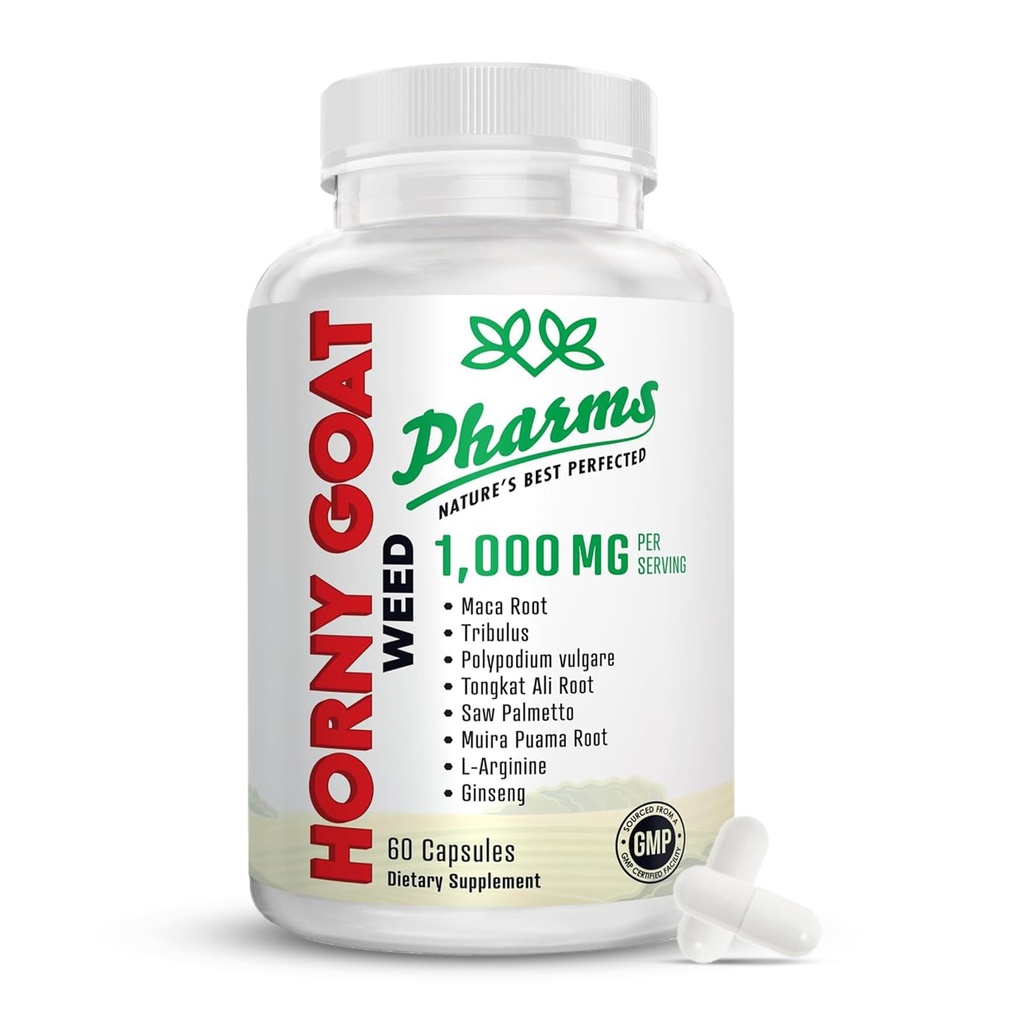 PHARMS Hornygoatweed for Men & Women (1000 mg) - Energy & Stamina Kapsle s Maca Root, Tribulus, Tongkat Ali, Saw Palmetto & Ginseng - Žena & Muž Vylepšení Doplněk - 60 Kapsle