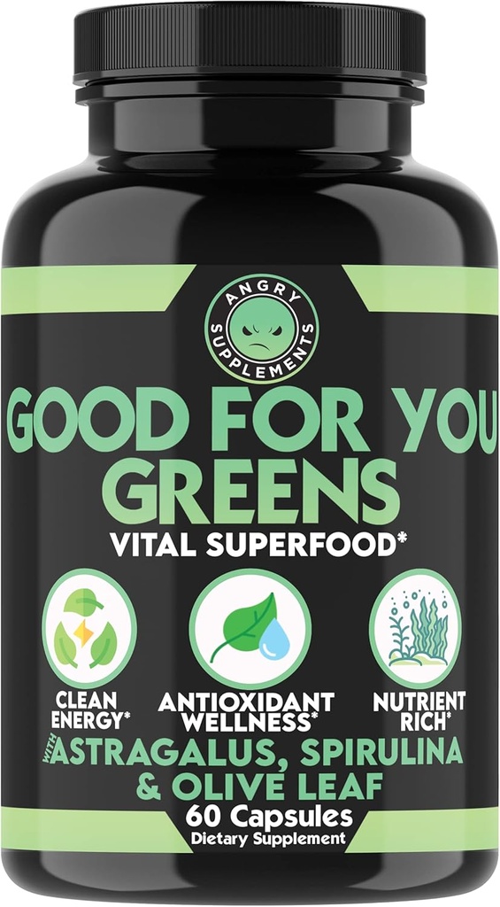 Rozzlobené doplňky Dobré pro vás zelené, Vital Green Super Food Směs pro imunitní podporu posilovač Formule, Infused with Spirulina, Astragalus Root, a Olive Leaf Root Extract (1-láhev)