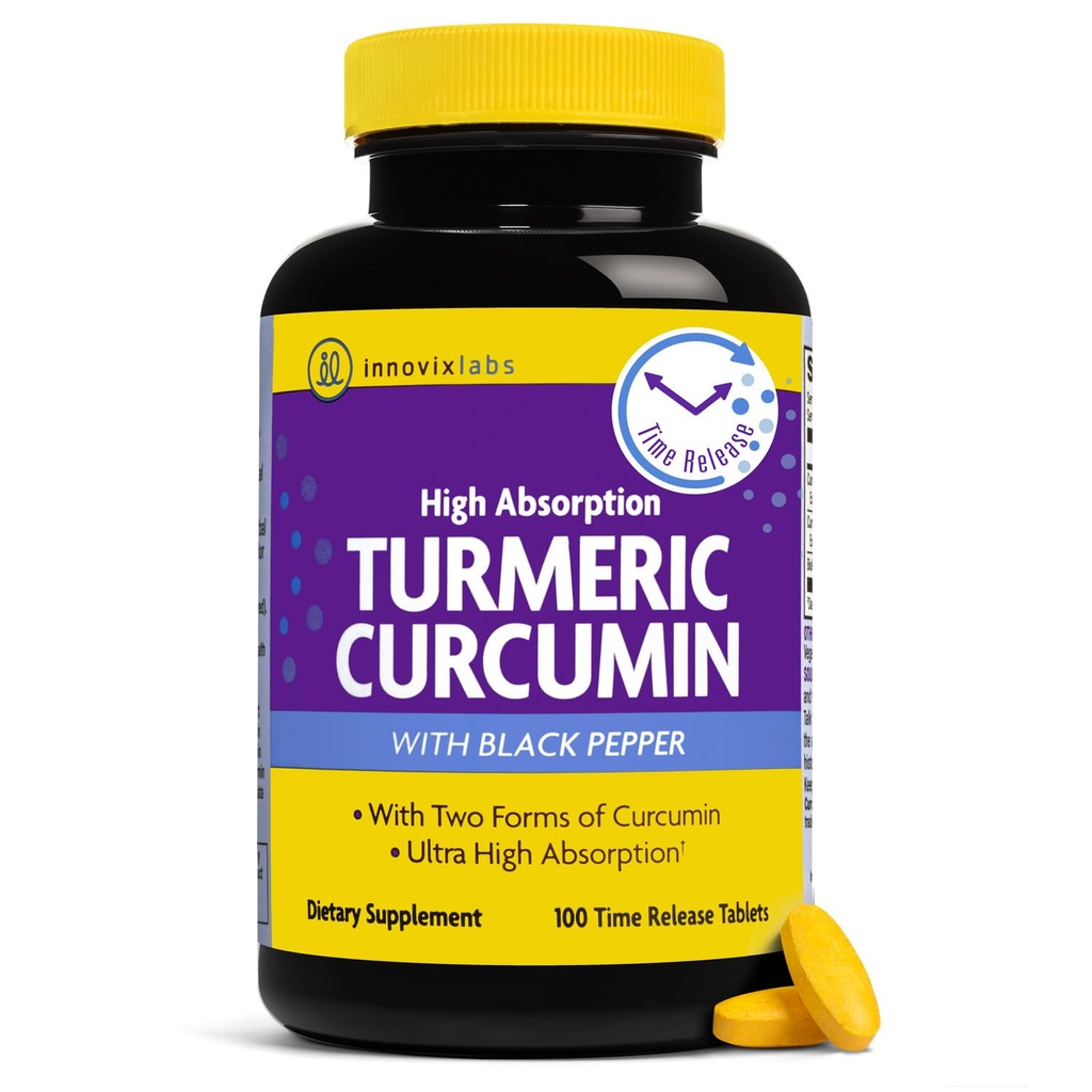 InnovixLabs Kurkumin s černým pepřovým extraktem - Vysoké absorpční kurkumie a kurkumin Doplňky s BioPerine, C3 Reduction & Curcumin C3 Complex - 100 Time Release tablety