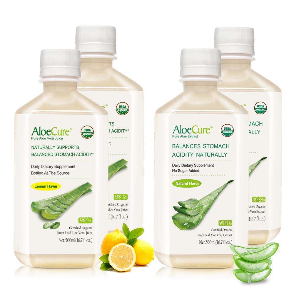 AloeCure Organic Aloe Vera Juice - 4 balení na vzorky lahví - Lemon & Natural Flavor, 4x500ml