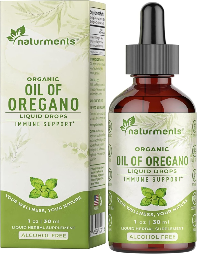 Naturments Oregano Oil Drops pro imunitní podporu a Gut zdraví. Vegan, Non- GMO, Sugar Free & gluten Free Organic Wild Mediterranean Oregano Oil with Organic Extra Virgin Olive Oil - 1 Fl Oz 30 Ml