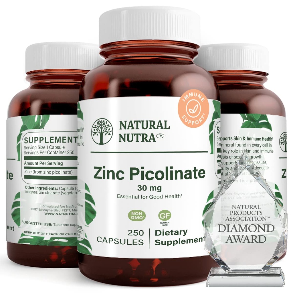 Natural Nutra Zinek Pikolinát 30 mg, Dvojitá síla, Surové a čisté, Vysoce biologicky dostupný doplněk pro růst a imunitní podporu, Pomáhá podporovat metabolický systém, snížení společné studené 250 kapsle