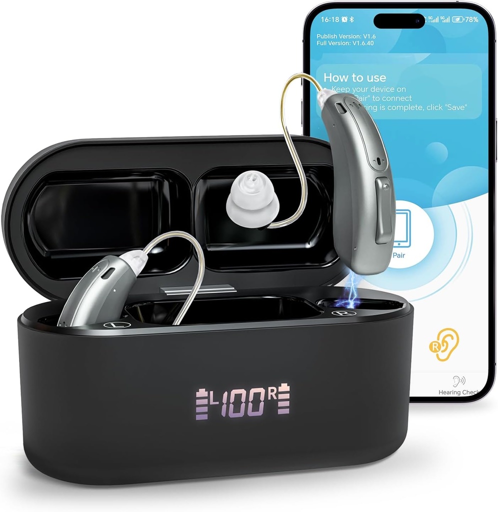Sluchové pomůcky (ne zesilovače), Bluetooth dobíjecí naslouchací pomůcky pro seniory dospělých, Superior OTC zvuk Smart sluch Aid with Noise Storno, Bluetooth Enabled & App Control, 4 Mode