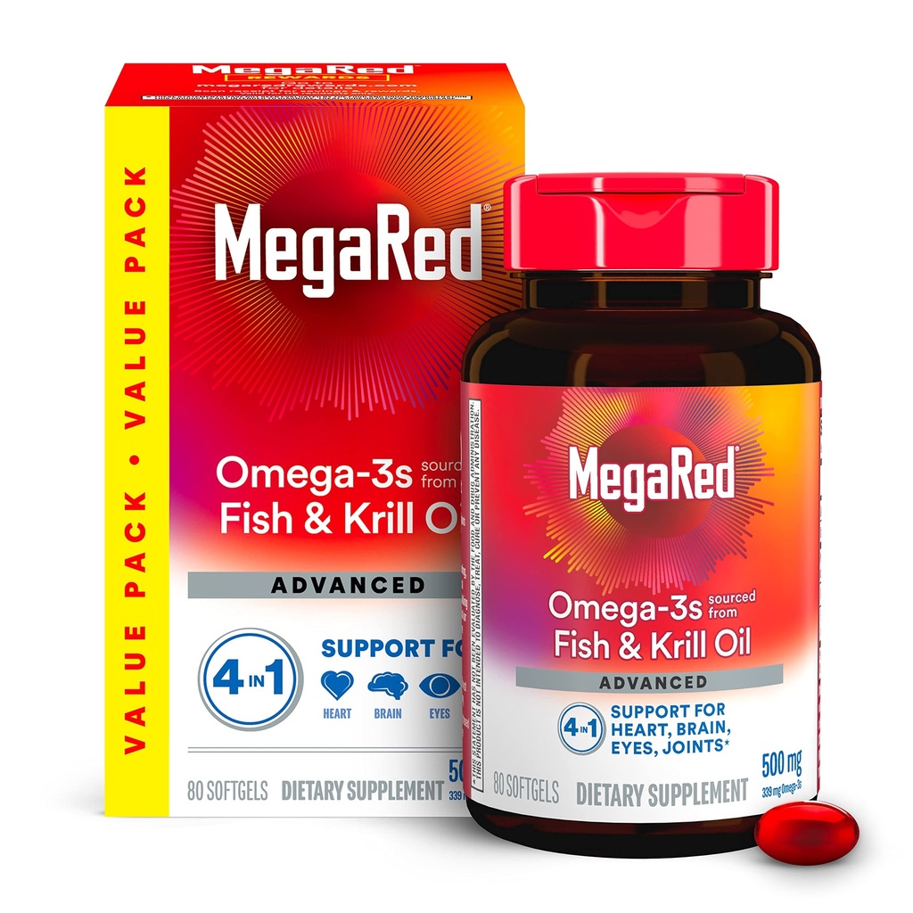 Megared Omega33 Fish Oil + High Absorption Krill Oil 500mg Softgels, MegaRed Advanced 4in1 (80 počet v láhvi) Koncentrovaný Omega33 Fish & Krill Oil