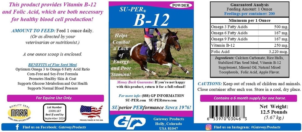 SU-PER B-12 Energy Horse Supplement - Equine Vitamíny B-12 & B-9 Folic Acid Support Powder - 12.5 Pounds, 6 Month Supply