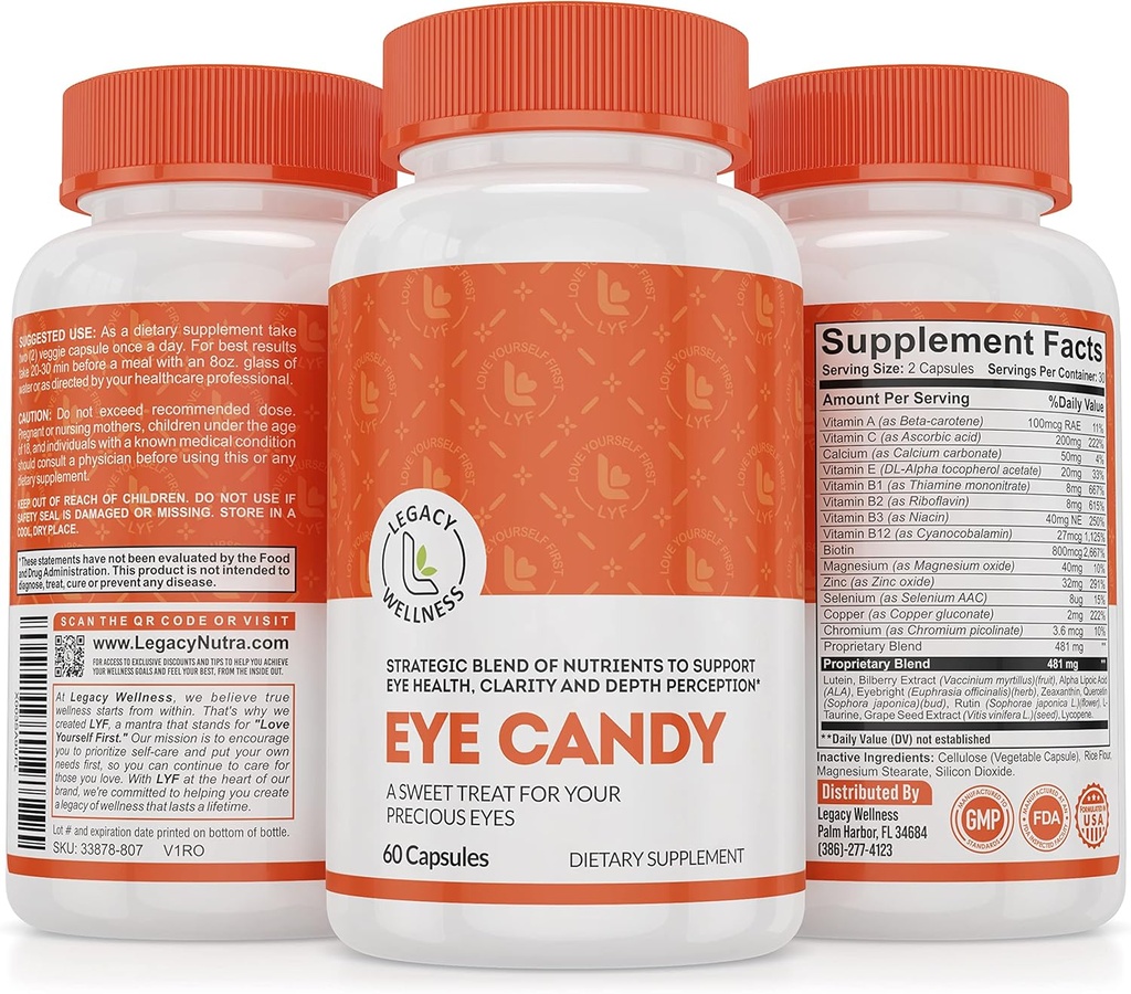 Legacy Wellness Eye Candy Eye Vitamíny s Lutein, Zeaxanthin, vápník, biotin, měď, zinek pilulky + podporuje Vize zdraví v stárnutí dospělých + oční Strein z příliš mnoho času obrazovky, suché oční doplňky