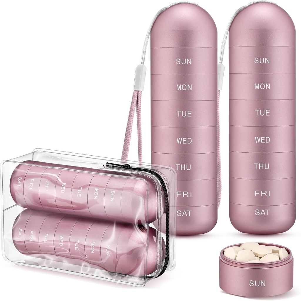 [2 Pack] Zannaki Metal Travel Pill Organizer, Přenosný vodotěsný týdenní Pill Box, Velký hliníkový Alloy Pill Pouzdro Kontejner, BPA zdarma 7 den denní medicína Organizátor Holder pro vitamín, dodatek