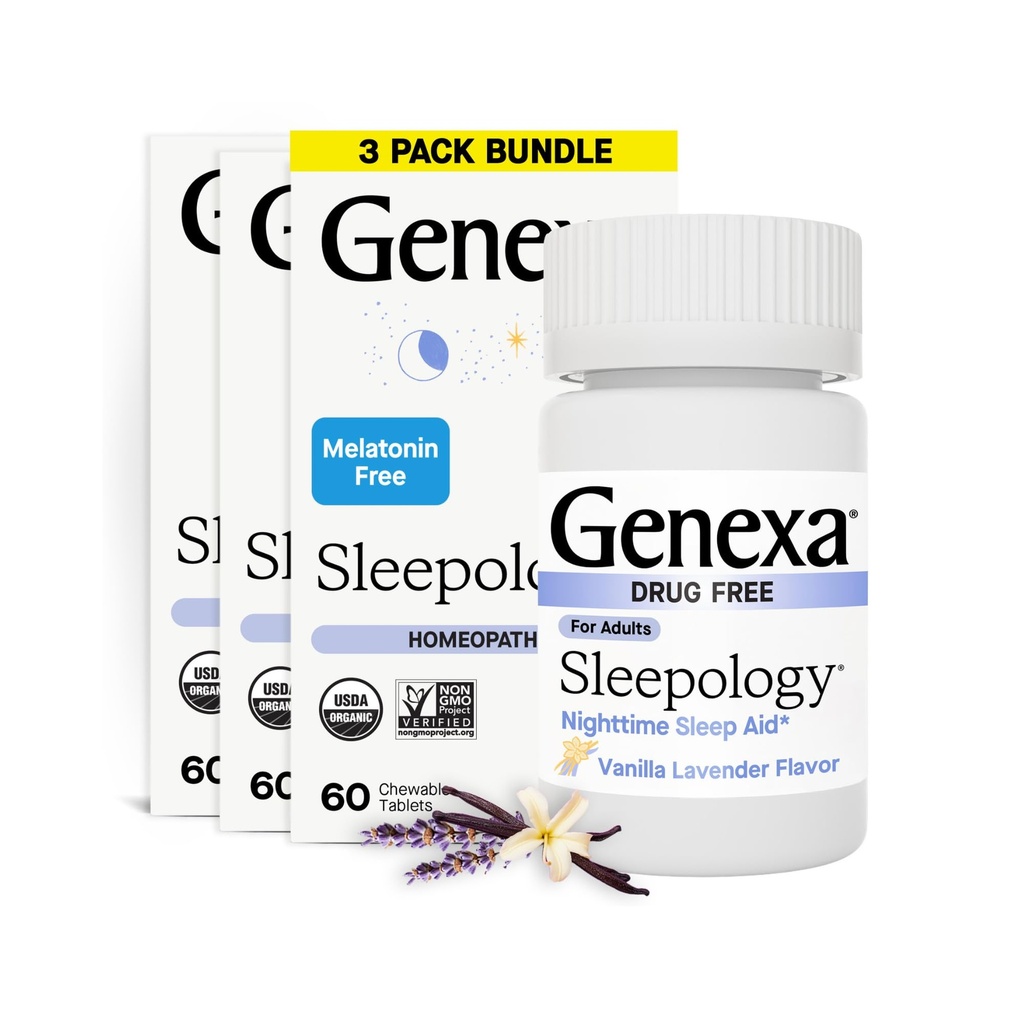 Genexa Sleepologie pro dospělé 124; Melatonin Volný spánkový klid pomoc 124; Soothing Natural Vanilla & Lavender Flavor 124; Certified Organic & Non- GMO 124; Homeopatické remedy vyrobené čisté 124; 180 Žvýkací tablety (3 balení)