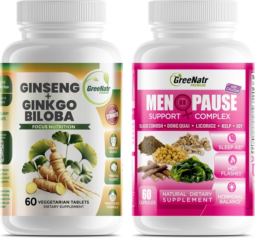 Optimální wellness řešení: Bylinná menopauza podpora a ženšen + Ginkgo Biloba Energy & Brain Focus Booster pro muže a ženy
