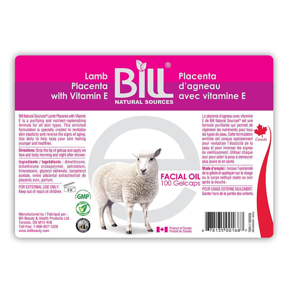 Bill Přírodní zdroje Lamb Placenta s vitaminem E, 100 Gelcaps - omlazuje nudné kožní buňky a revitalizuje pružnost kožních buněk