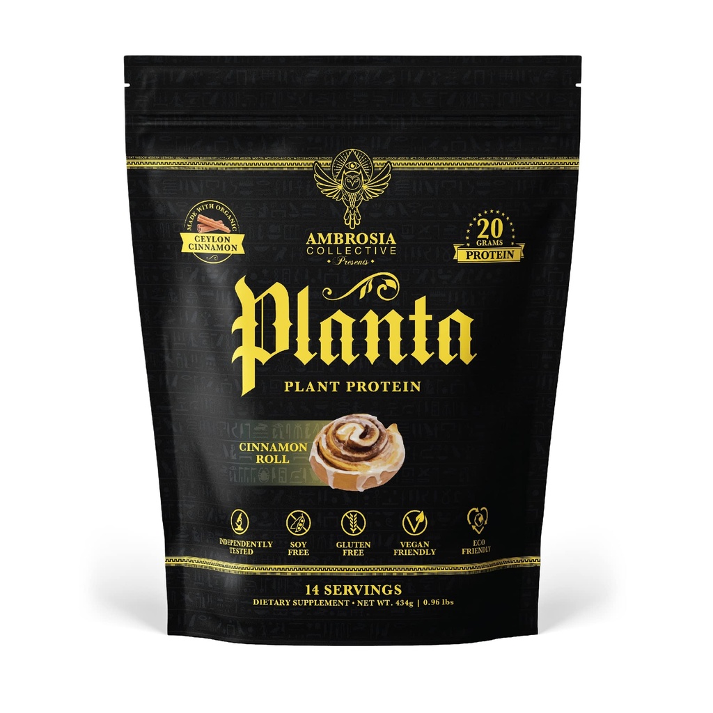 Ambrosia Planta - Premium Plant- Based Protein current 124; Vegan & Keto Friendly currency currency 124; Gourmet Flavors with No Floating or Stomach Upset current 124; Gluten & Soy Free current 124; No Add Sugar currency 124; 14 Servings currency 124; (Skořice roll)