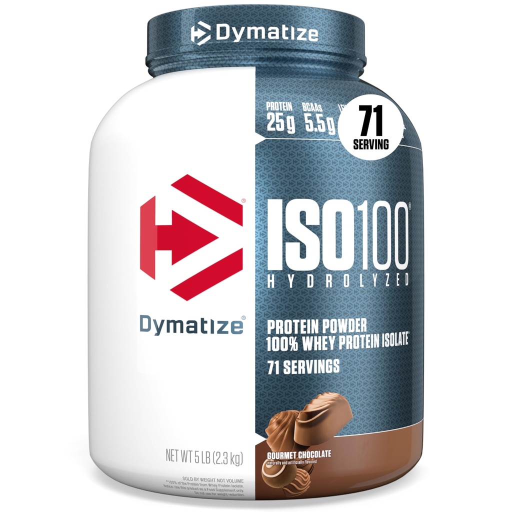 Dymatizujte isolát syrovátkového prášku ISO100, Gourmet Chocolate, 25g proteinu, 5 liber, 5,5g BCAA, méně než 120 Cal., gluten Free, 1g tuku, 1g cukru, 2g karbu (71 porcí)