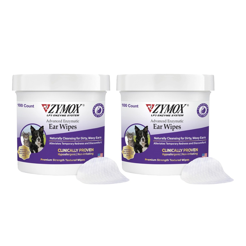 Zymox Advanced Enzymatic Ear Wipes for Dogs and Cats - for Dirty, Waxy, Smradlavé uši - Premium Strength Ear Cleaner Wipes - Non- Irritating - Hypoalergenní (100 Count- Pack of 2)