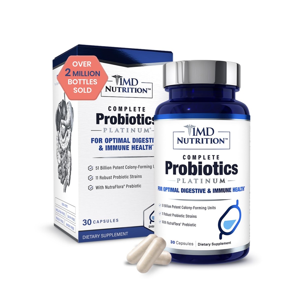 1MD Nutrition Complete Probiotics Platinum - w / Prebiotics and Probiotics for Digestive Health - Probiotický dodatek pro ženy a muže - Více než 50 miliard živých CFU 11 Strains Dairy- Free - 30 Caps