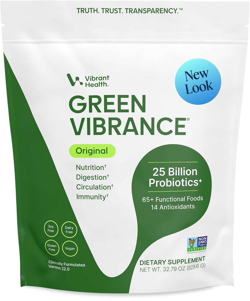 Vibrační zdraví, Zelená vibrace, Zahrnuje 65 Plant- Based Superfoods, 25 miliard Probiotika, Vlákna, Adaptogeny & Enzymy, 83 Služební