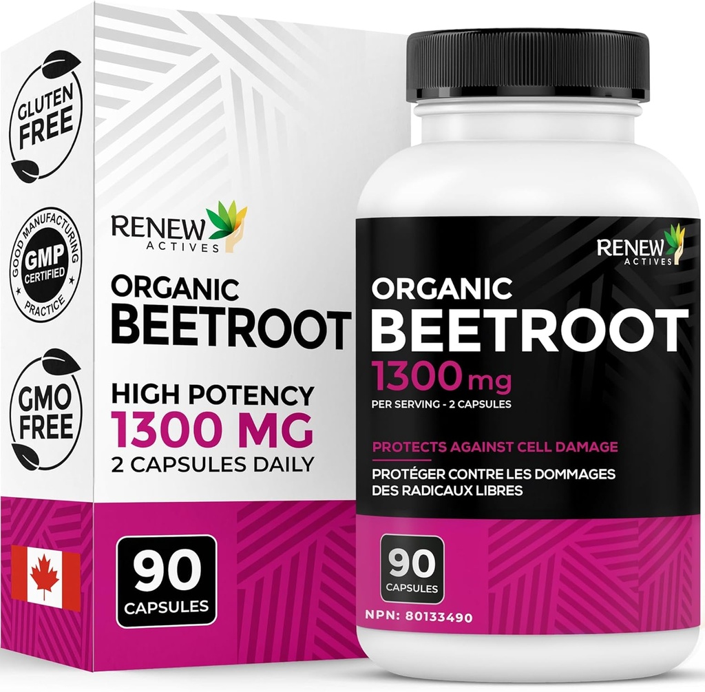 Reew Actives Organic Beetroot Dodatek 1300MG na 2 Kapsle - Čistý Beetroot prášek pro cirkulaci, přírodní energie, a antioxidační výhody - high- Potency Superfood, Made in Canada - 90 Kapsle