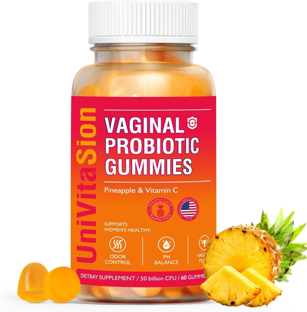 UniVitaSion Vaginální Probiotika Gummie pro ženy, 50 miliard CFU - PH bilance, Vaginální zápach, Vaginální Flora, kvasinková infekce Léčba žen, Vitamin C pro imunitní zdraví, Havajský ananas Flavor