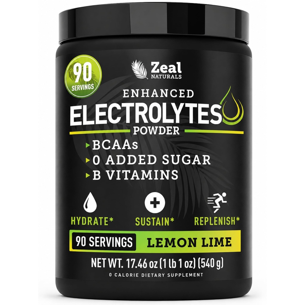 Zeal Naturals Electrolyte Powder Recovery Drink (90 Servings Côte 124; Lemon Lime) w 0 Cukr + BCAA + B-Vitamíny Electrolyte Supplement w Draum Zinek & Magnesium for Hydration - Keto Electrolytes