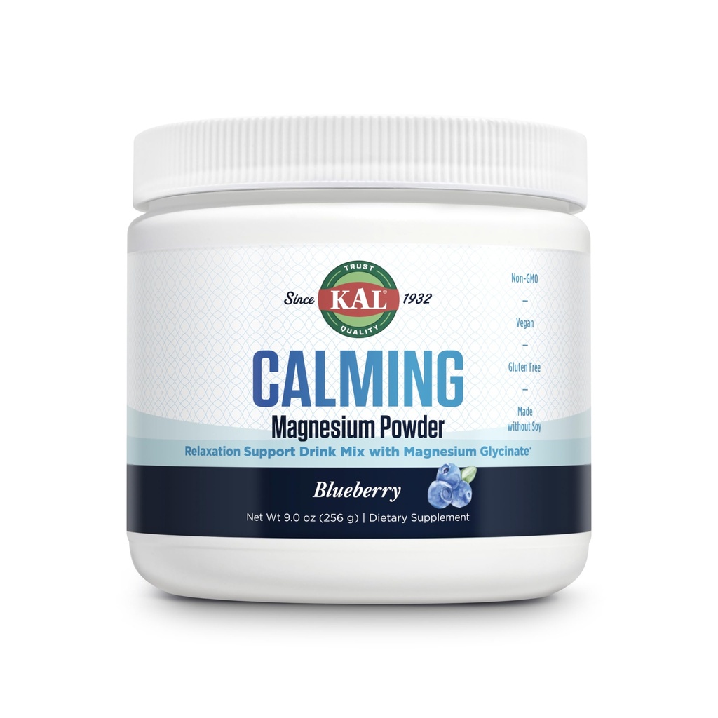 Kal Calming Magnesium Powder - Blueberry Flavor Magnesium Dodatek - Vysoká absorpce, Relaxační podpora, No Add Sugar, Vegan, Gluten Free, Made Without Soy - 40 Servings, 9 oz