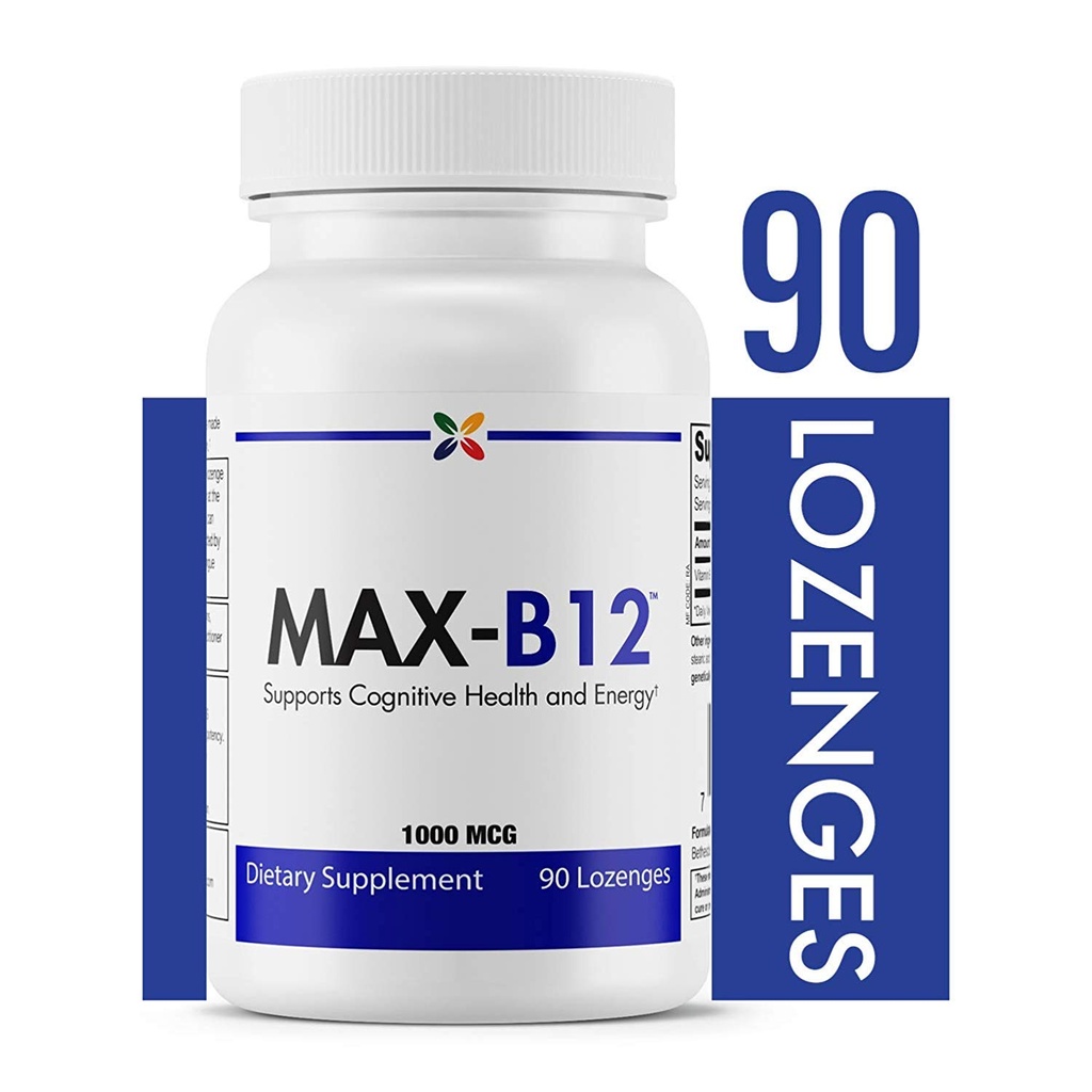 Stop Aging Now - MAX-B12 Lozenges 1000 MCG - Vitamin B12 1000mcg - Imunitní podpora, přírodní energie a mozková podpora Dodatek - Podporuje Stress Relief Regulation - Natural Sleep Aid - 90 Lozenges