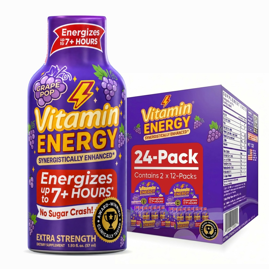 Vitamin Energy Focus + Extra Strength Energy Shot Grape 24 Pack, 260mg přírodní kofein, B-vitaminy, CoQ10, aminokyseliny, Focus, Productivity & Clarity, Nulový cukr, gluten- Free, 1.93 fl oz