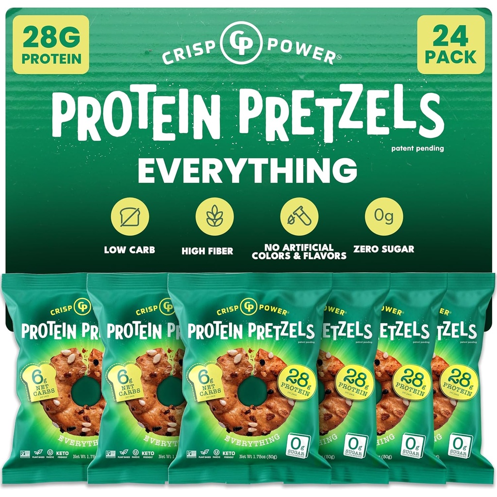 Crisp Power Protein Preclíky, Všechno, High Protein Vegan Keto Snack, 28 G Plant Based Protein, Low Carb Crunchy Pretzel Snacks, Sugar Free, No Seed Oils, 1.75 Oz Bags, 24 Pack
