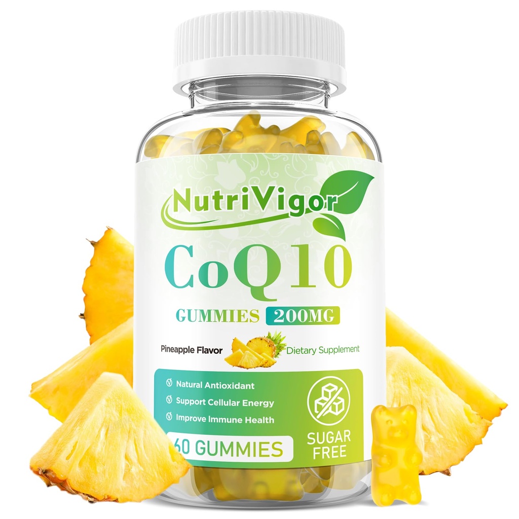 CoQ10 Gummies, Coenzym Q10 dodatek 200 mg, vysoká absorpce CoQ10 dodatek pro buněčnou energii a imunitní zdraví, vegan, gluten zdarma, ananasový flavor, 60 Počet