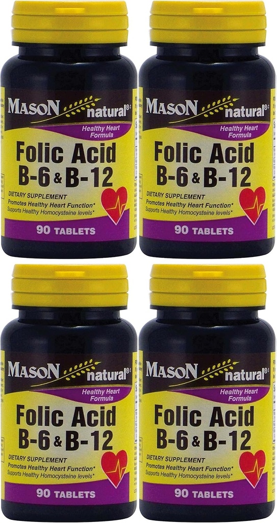 Mason Vitamíny Kyselina listová B-6 & B12 Heart Health Formule 90 Tablety na láhev balení po 4 celkem 360 Tablety