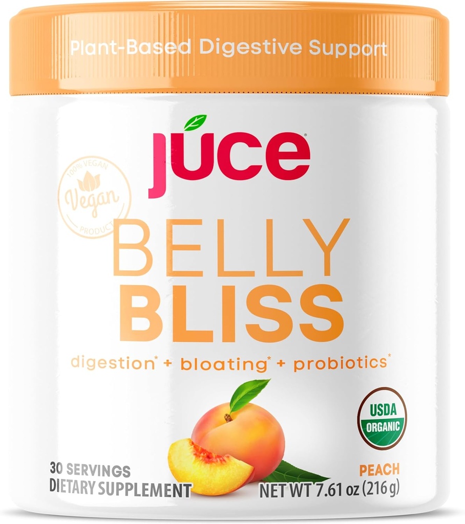 Júce Belly Bliss, Peachy Green, 30 porcí, Probiotika + Zelená, Bloating Support with Plant- Based Digestive Enzymes, Dietní dodatek Powder - Podle Terra Kai Organics