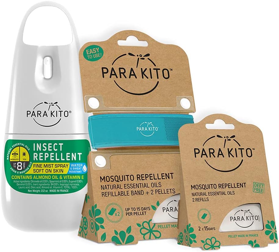 PARAKITO Mosquito, Insect & Bug Spray Bundle - Zahrnuje sprej, Turquoise Wristband & 4 Náhrady zdarma, Citronella esenciální oleje, ideální pro kempování, turistika, Travel Outdoor Activities