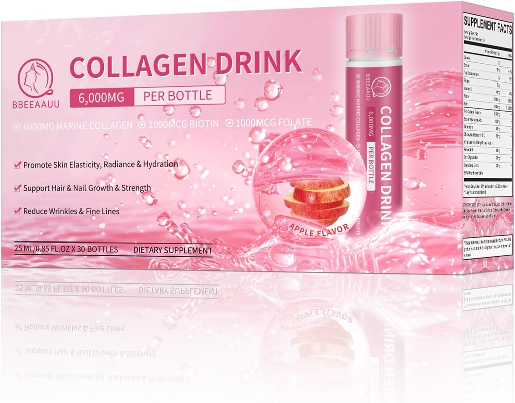 Kolagenový nápoj 6000mg Marine Collagen Peptides, Tekuté kolagenové panáky pro ženy s kyselinou hyaluronovou, vitamín C, Kolagenové doplňky Podpora kůže, Vlasy a hřebík, 0.85 Fl.Oz x30 Lahve, Apple Flavor