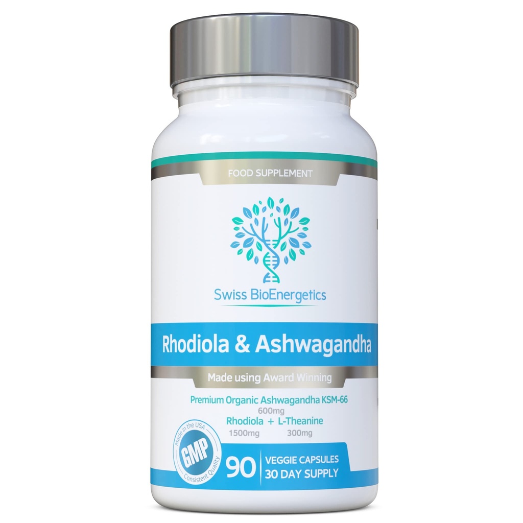 Rhoddiola & Ashwagandha s L- Theanine - Award Winning Ashwagandha KSM- 66 600mg & 1500mg Rhoddiola (3% Rosavins - 1% Salidrosids) celá kořenová ekvivalent- adaptogen combo Žádné umělé plnivo