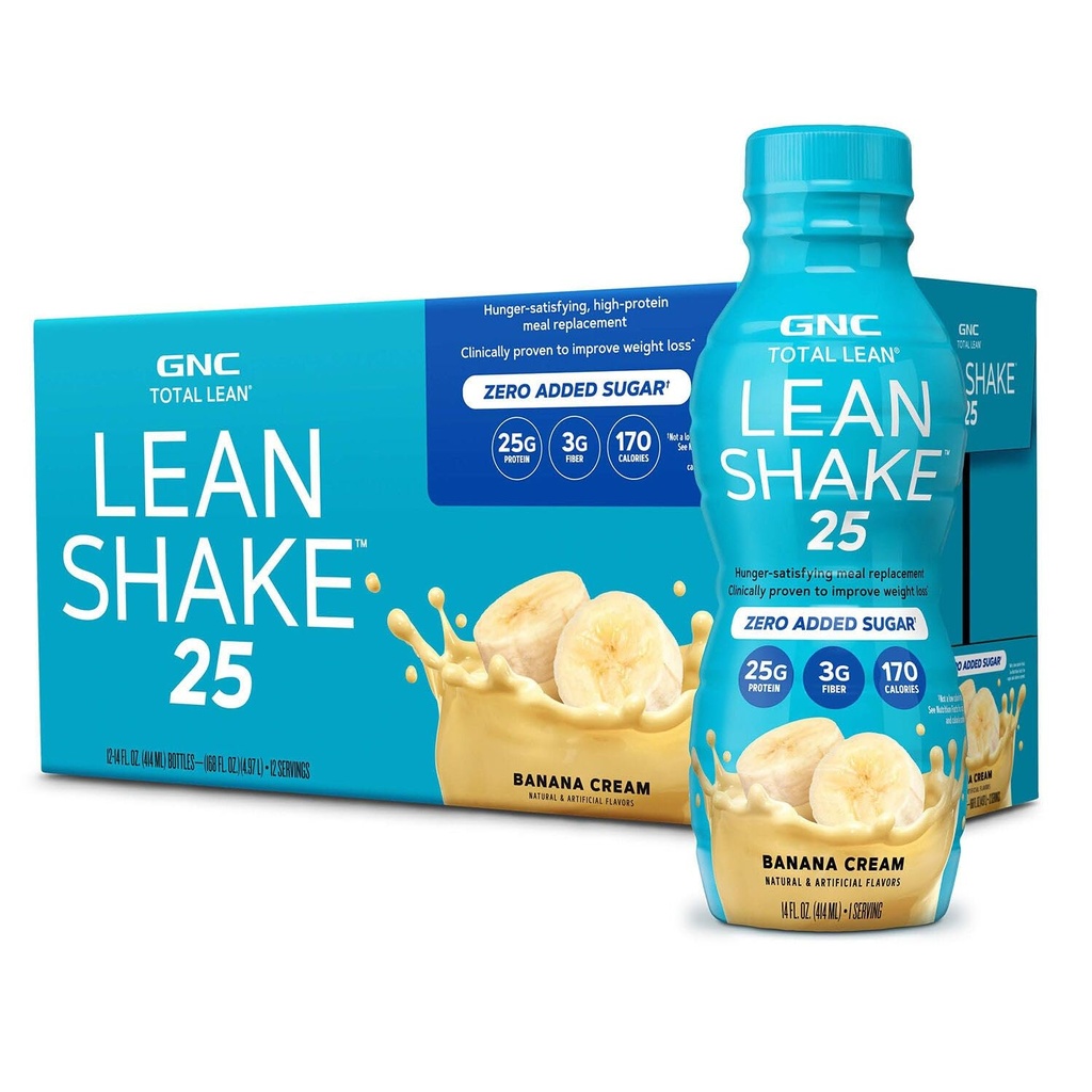 GNC Lean Shake 25 protein Shake, Klinicky osvědčený Weight Management, Výměna jídla, 25g protein s nulovým přidaným cukrem, připraven k pití, banán krém, balení 12