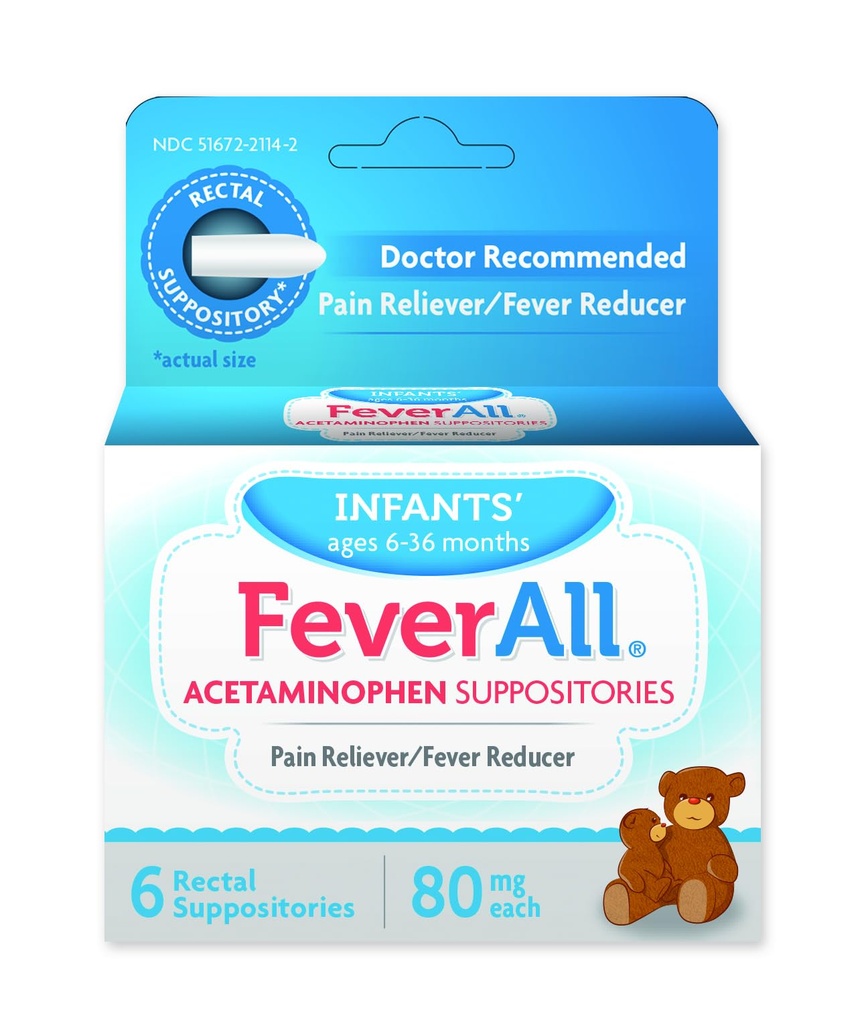 Feverall Infant Acetaminofen Suppositors 6 Rectal Suppositors 80mg Each Pain Reliever / Fever Reducer. Paraben Free, No umělé barvy nebo jiné konzervační prostředky. Věk 6- 36 měsíců